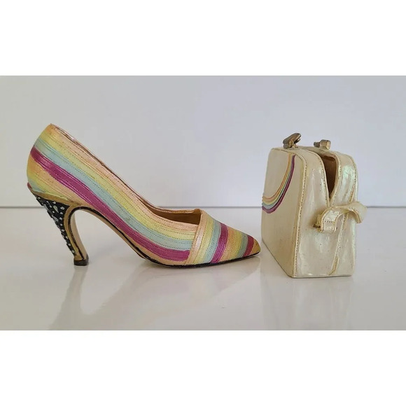 Vintage Miniature Nostalgia Decorative Handbag & Shoe Beige Rainbow, Knick Knack - Picture 5 of 6